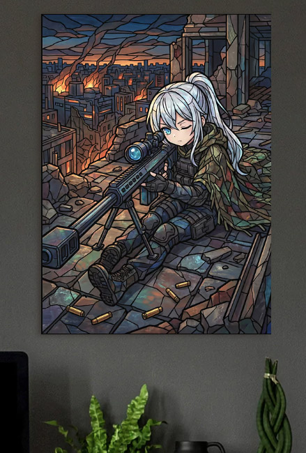 Anime Sniper in Ruined City — metal poster wall art by Lineer